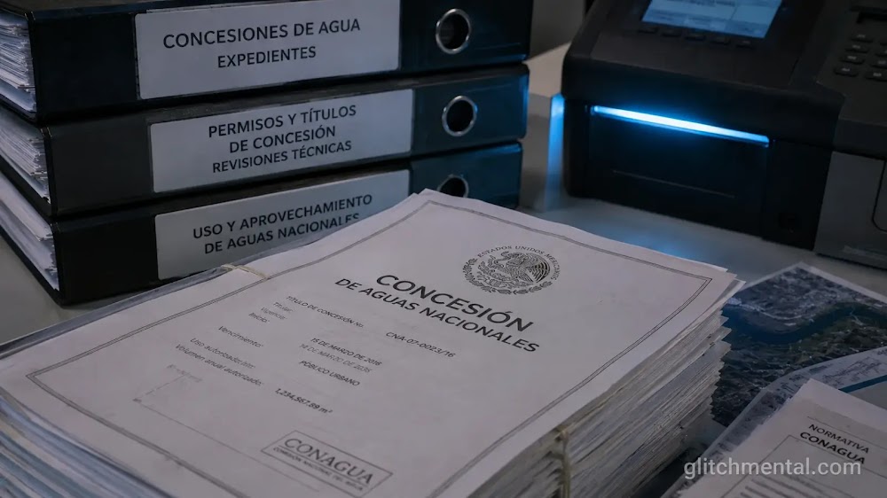 Documentos de concesiones de agua apilados junto a una terminal de datos, referencia a la falta de auditoría nacional.