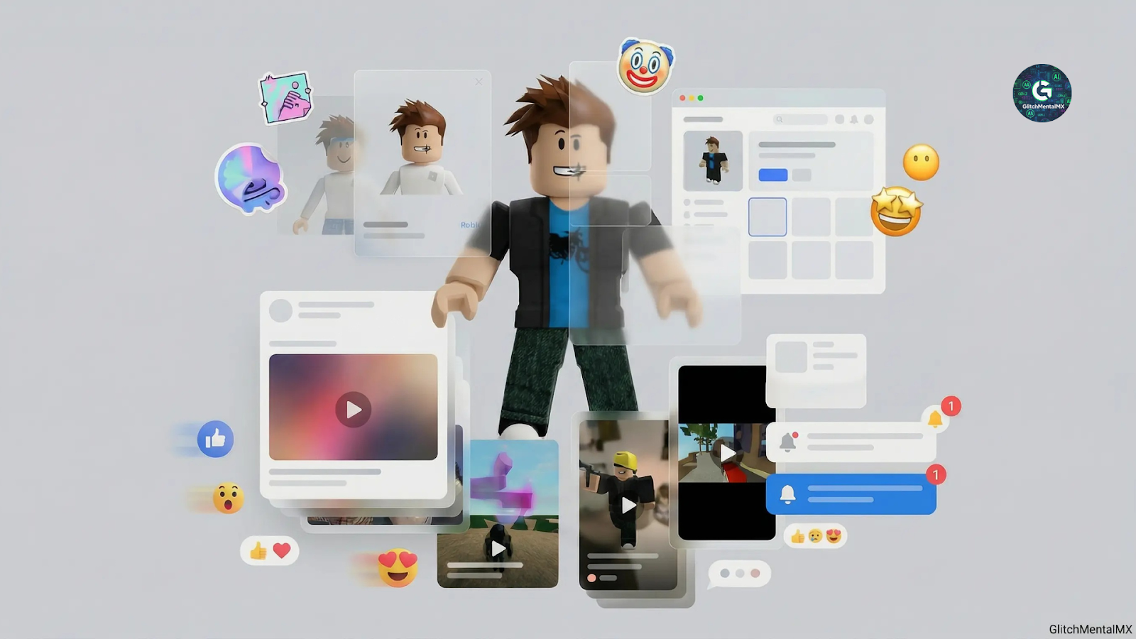 Roblox 2026 economía creadores - avatar con métricas redes sociales y engagement digital