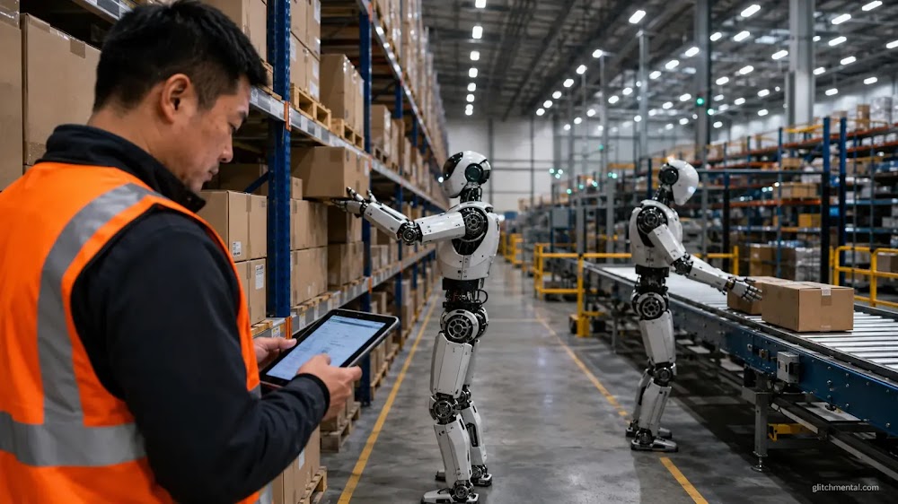 robots humanoides logística China: hombre con tablet junto a robot humanoide recuperando caja de estantería industrial