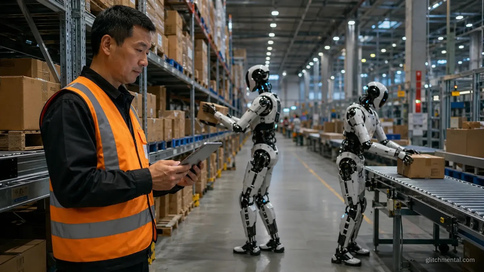 robots humanoides logística China: supervisor con tablet en primer plano y dos robots bipedales operando en almacén activo