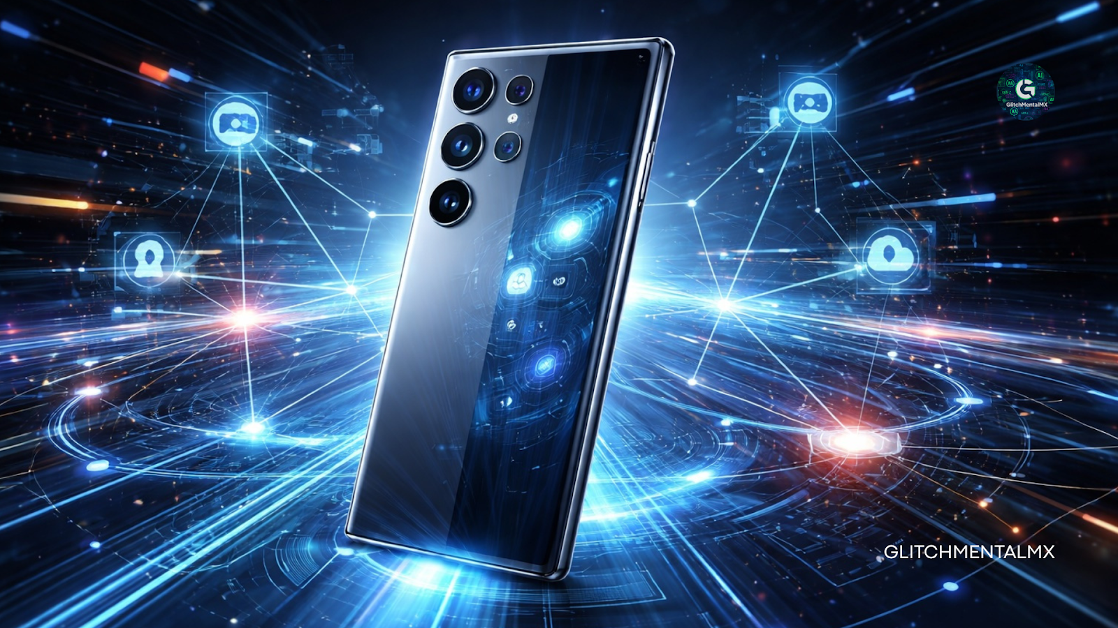 Smartphone IA 2026: teléfono con módulo de cámaras flotando sobre red tecnológica conectada