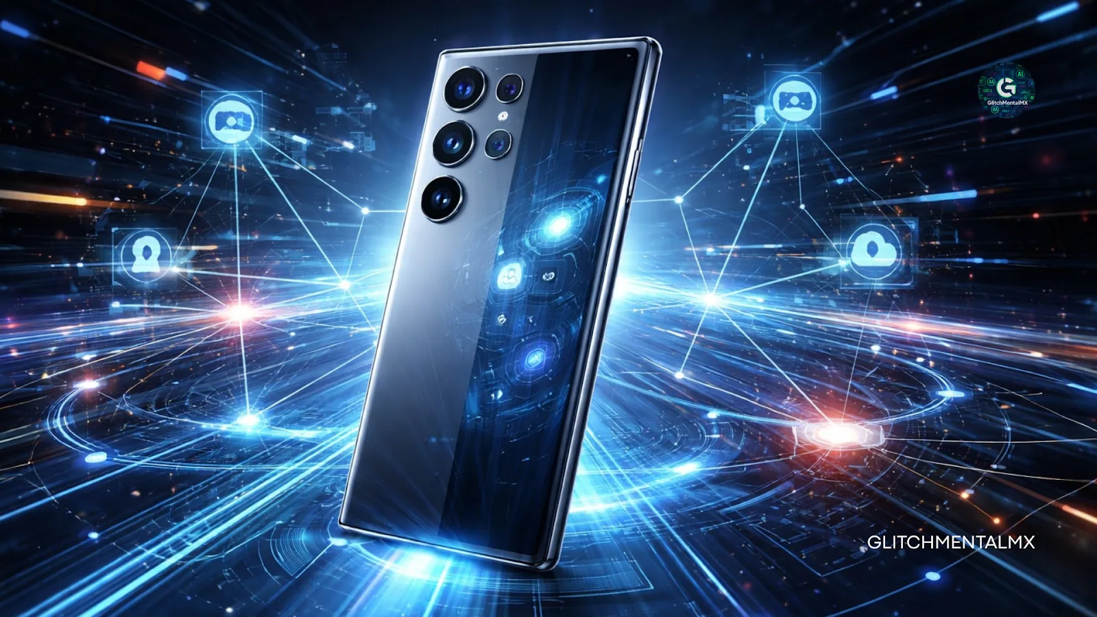 Smartphone IA 2026: teléfono con módulo de cámaras flotando sobre red tecnológica conectada