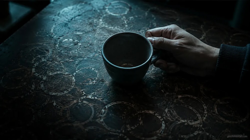 Semanas de 72 horas: mano sosteniendo taza sobre mesa con marcas circulares de café