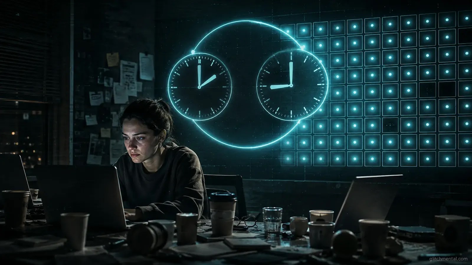 Semanas de 72 horas: mujer trabajando frente a portátil con relojes digitales luminosos