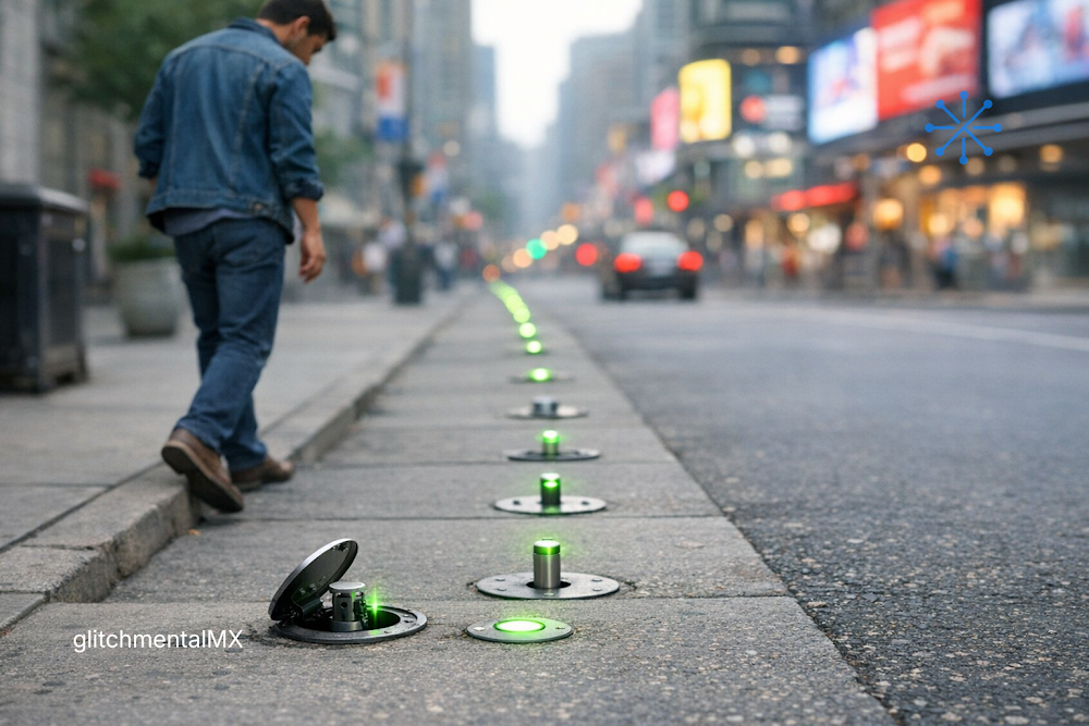 Señales que anticipan cambios: sensores urbanos emergen del suelo iluminando trayectoria en la calle