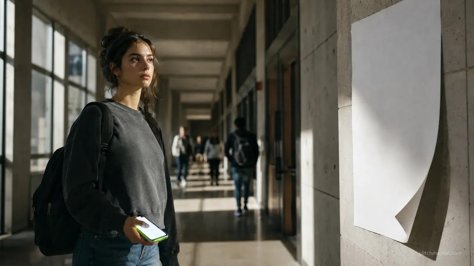 Snapchat Gen Z universidades: mujer joven en pasillo universitario, cartel institucional desprendido de pared al fondo