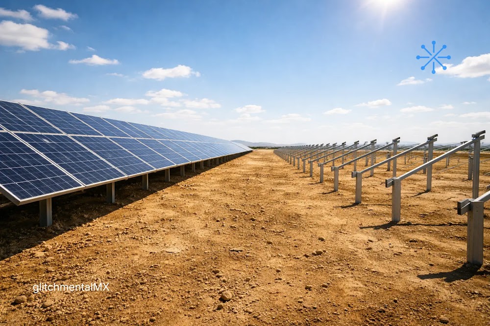 Solar + baterías: paneles solares instalados y estructuras vacías en planta en construcción bajo sol