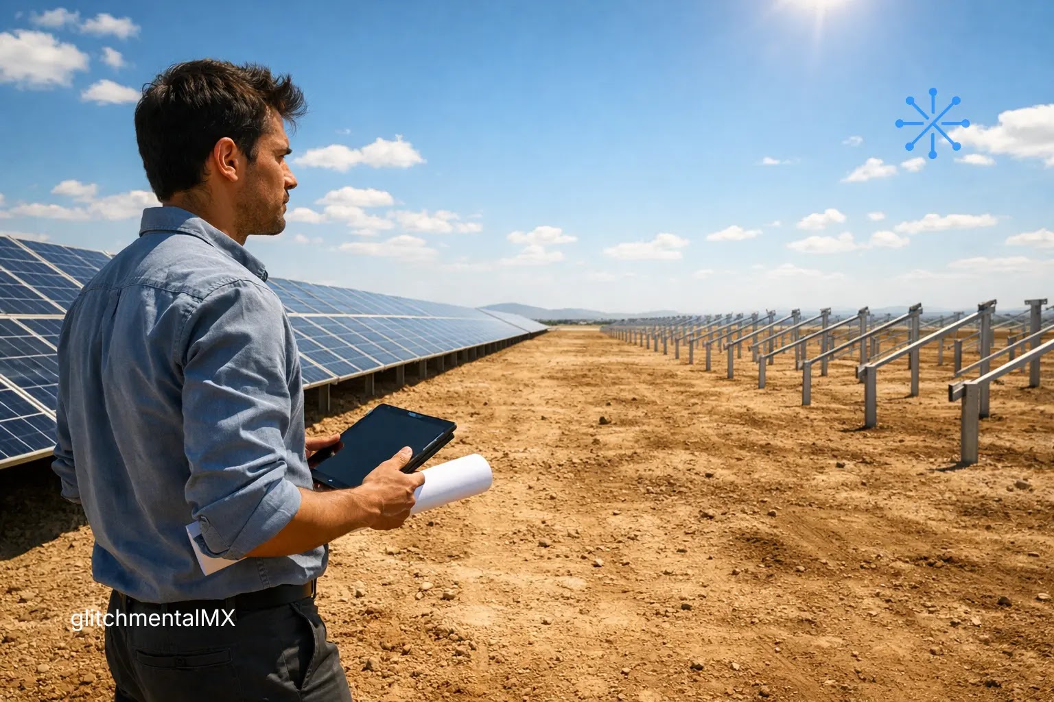 Solar + baterías: ingeniero revisa planta solar con paneles y estructuras pendientes de instalación