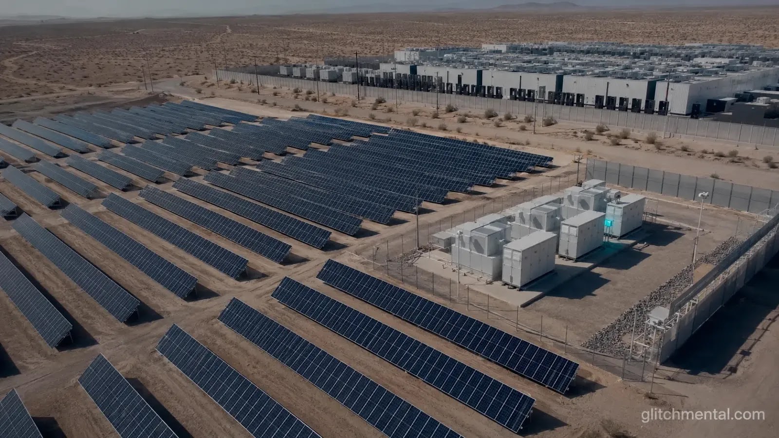 Granja solar junto a infraestructura de centros de datos en el desierto de Sonora, con terreno agrietado por la sequía