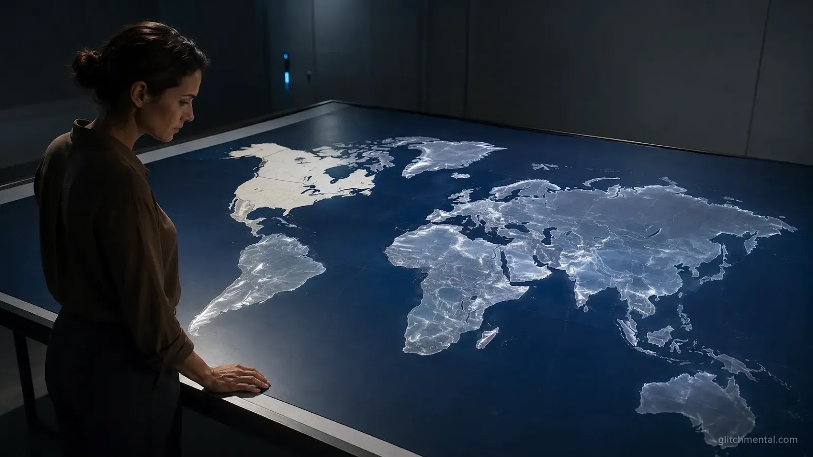 Stanford AI Index 2026: mujer frente a mapa mundial con más de la mitad del territorio marcado, sala institucional con luz cenital