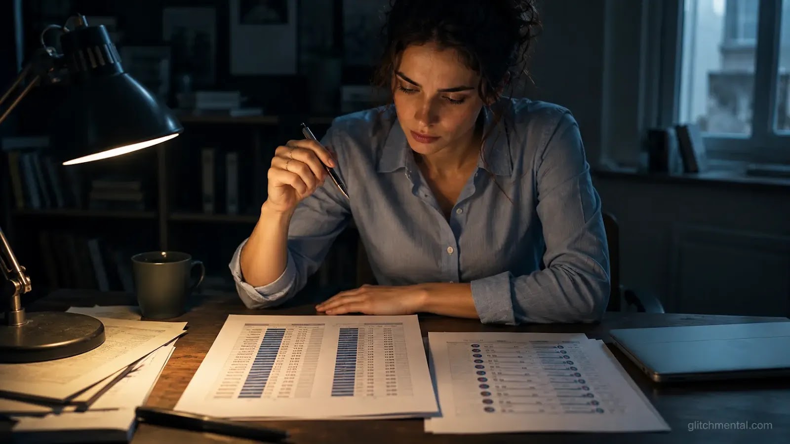 Stanford AI Index 2026: mujer con pluma en pausa sobre columnas de datos impresos en escritorio con luz lateral