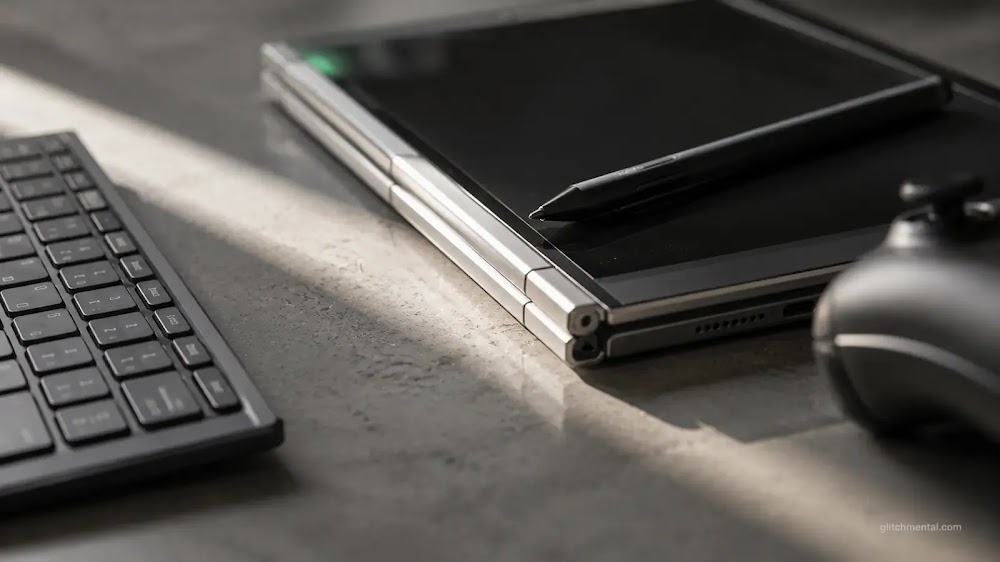 Tabletas 2 en 1 2026: teclado separado, lápiz óptico en la pantalla y controlador desplazado en superficie de trabajo neutra, bisagra en foco