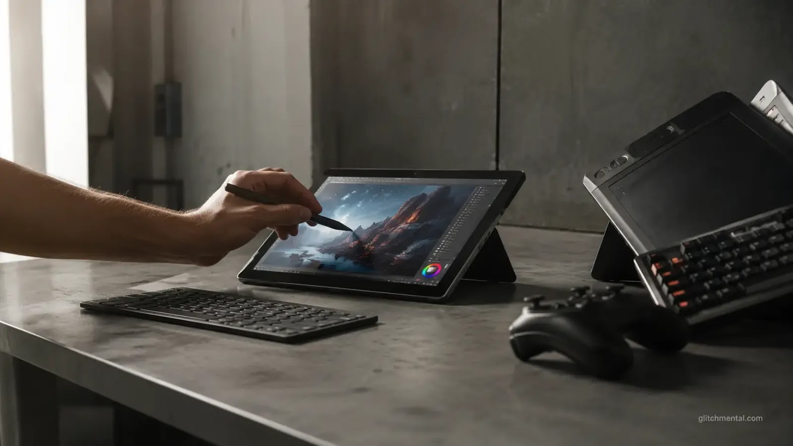 Tablets 2 en 1: una tableta de dibujo y un controlador desplazados hacia los bordes de una mesa por un dispositivo 2 en 1 en configuración convertible