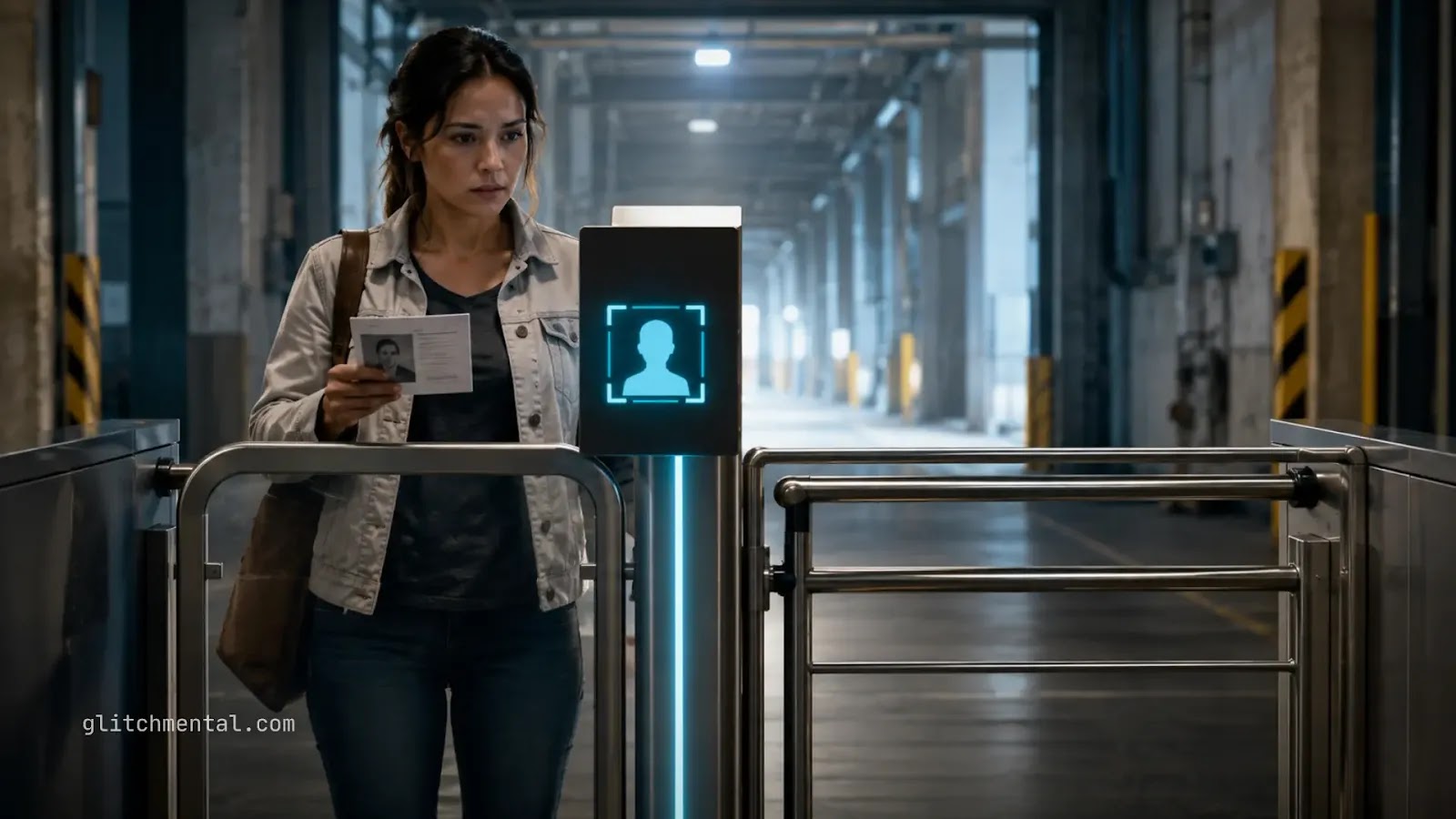 Escáner de riesgo profesional 2026: mujer frente a torniquete con escáner biométrico de acceso