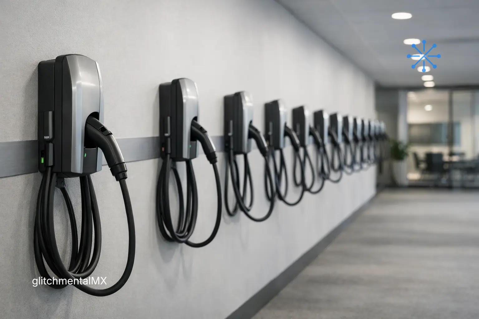 Tesla Q1 2026: fila de cargadores eléctricos alineados sin uso en interior corporativo