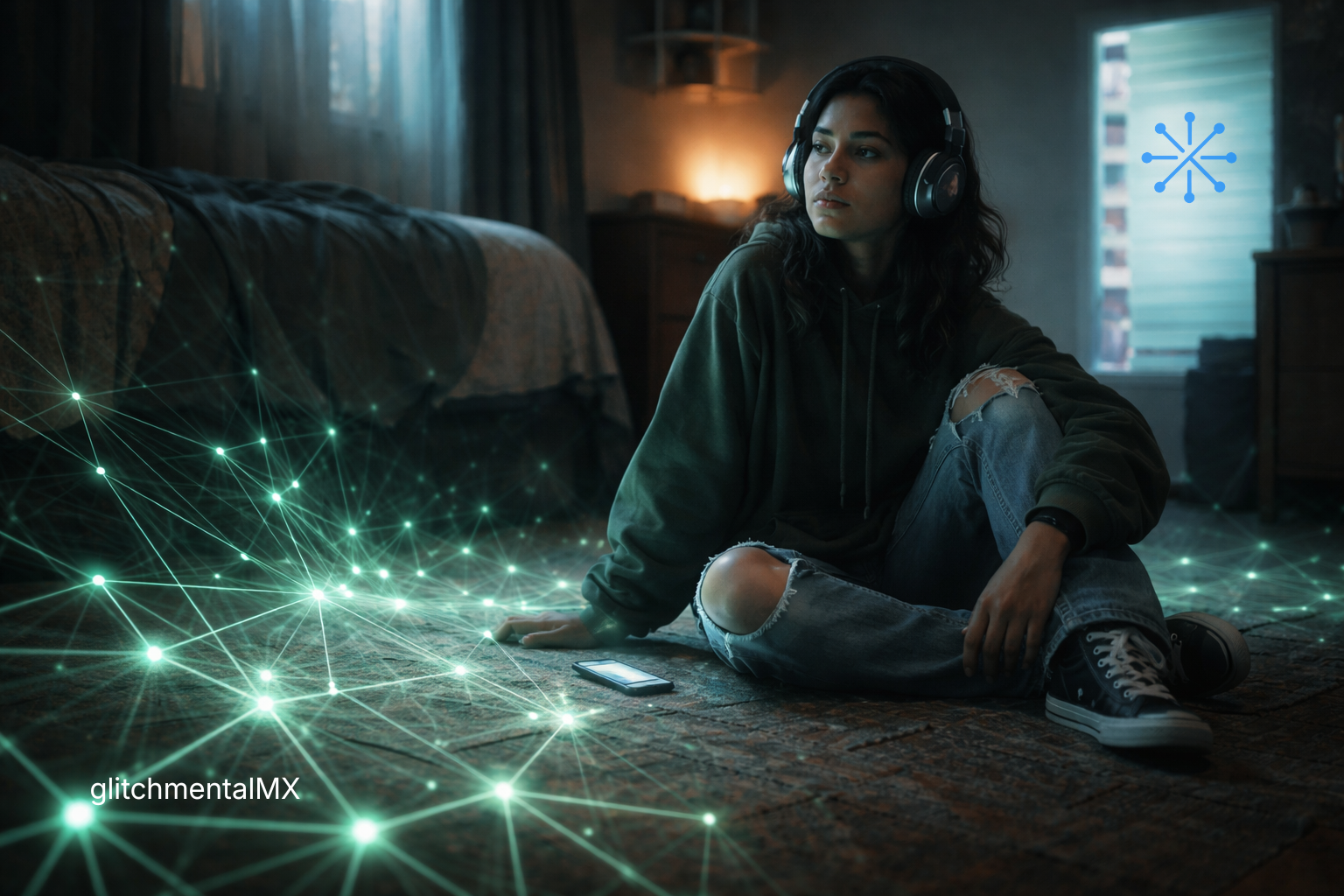 Therians fenómeno digital: joven con headphones en cuarto oscuro rodeada de red algorítmica en el suelo
