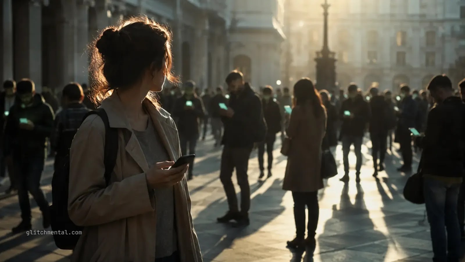 Mujer observa una multitud que usa discretamente la misma app en una plaza urbana, reflejando el crecimiento silencioso de una red social.