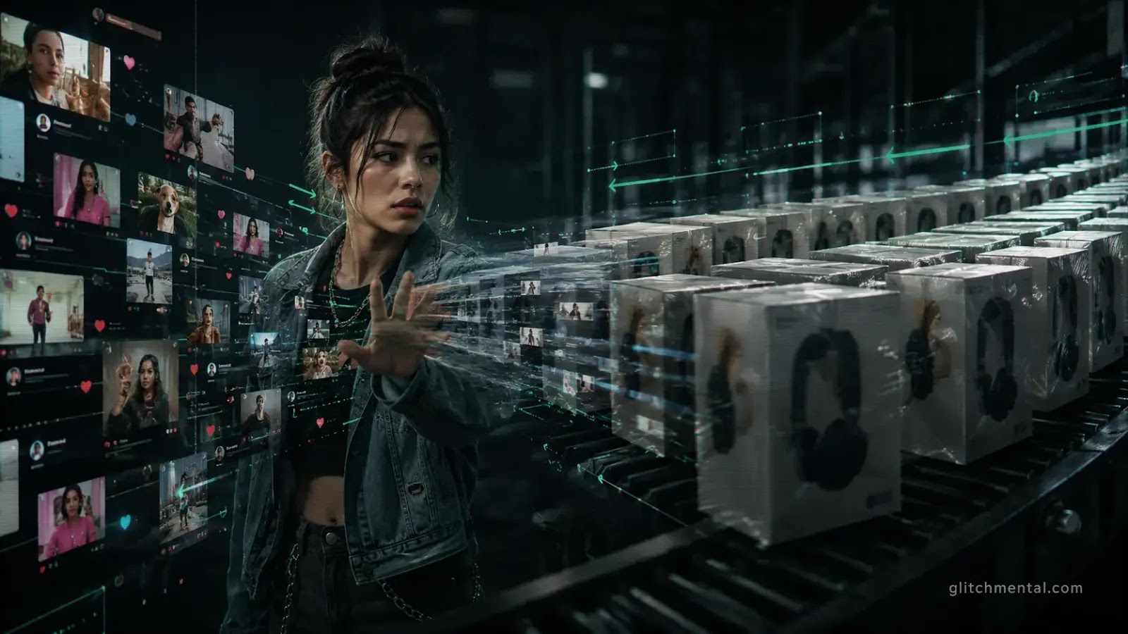 TikTok Shop: mujer joven ante feed social que se transforma en cinta transportadora de productos empaquetados