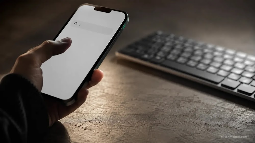 búsqueda social 2026: mano con smartphone activo en primer plano, teclado de escritorio desenfocado e inactivo al fondo