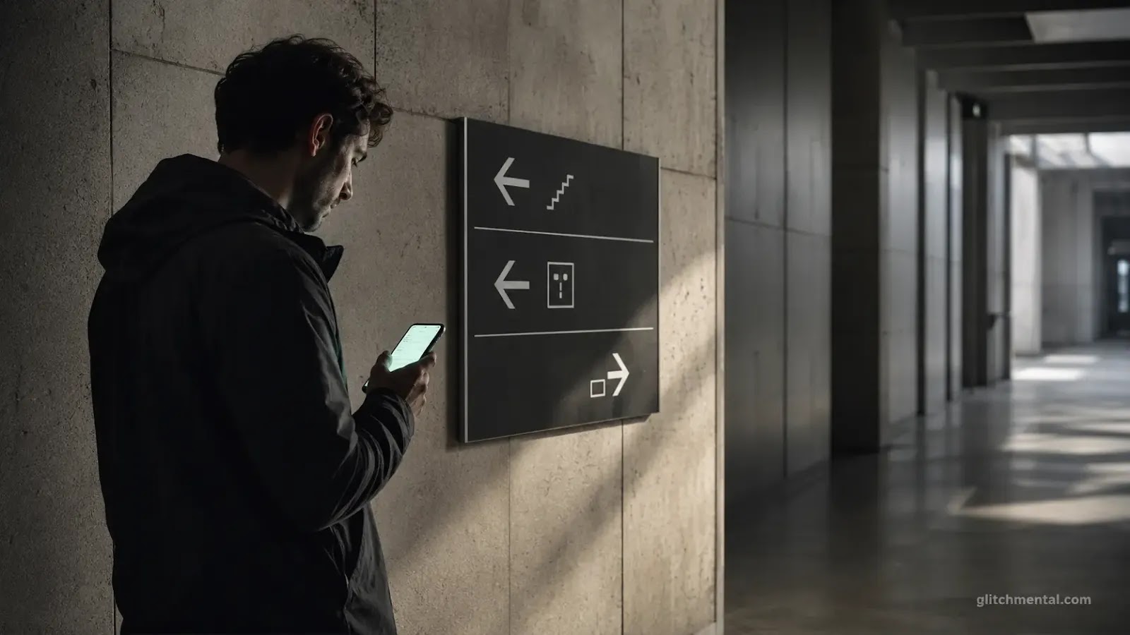 TikTok Instagram buscadores 2026: hombre joven con smartphone frente a señalética institucional obsoleta en pasillo urbano