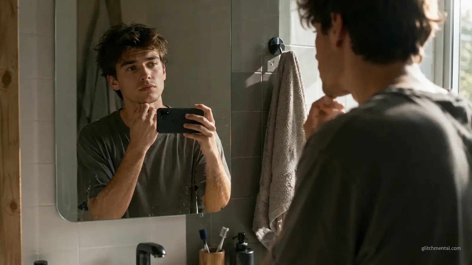 TikTok trends febrero 2026: hombre joven frente a espejo de baño grabándose con smartphone, expresión de ajuste espontáneo