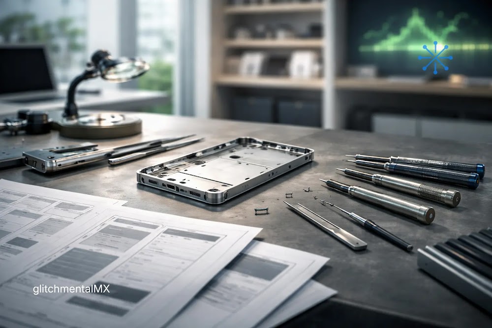 Tim Cook sale de Apple: chasis de smartphone desmontado con herramientas y planos de diseño en mesa de ingeniería