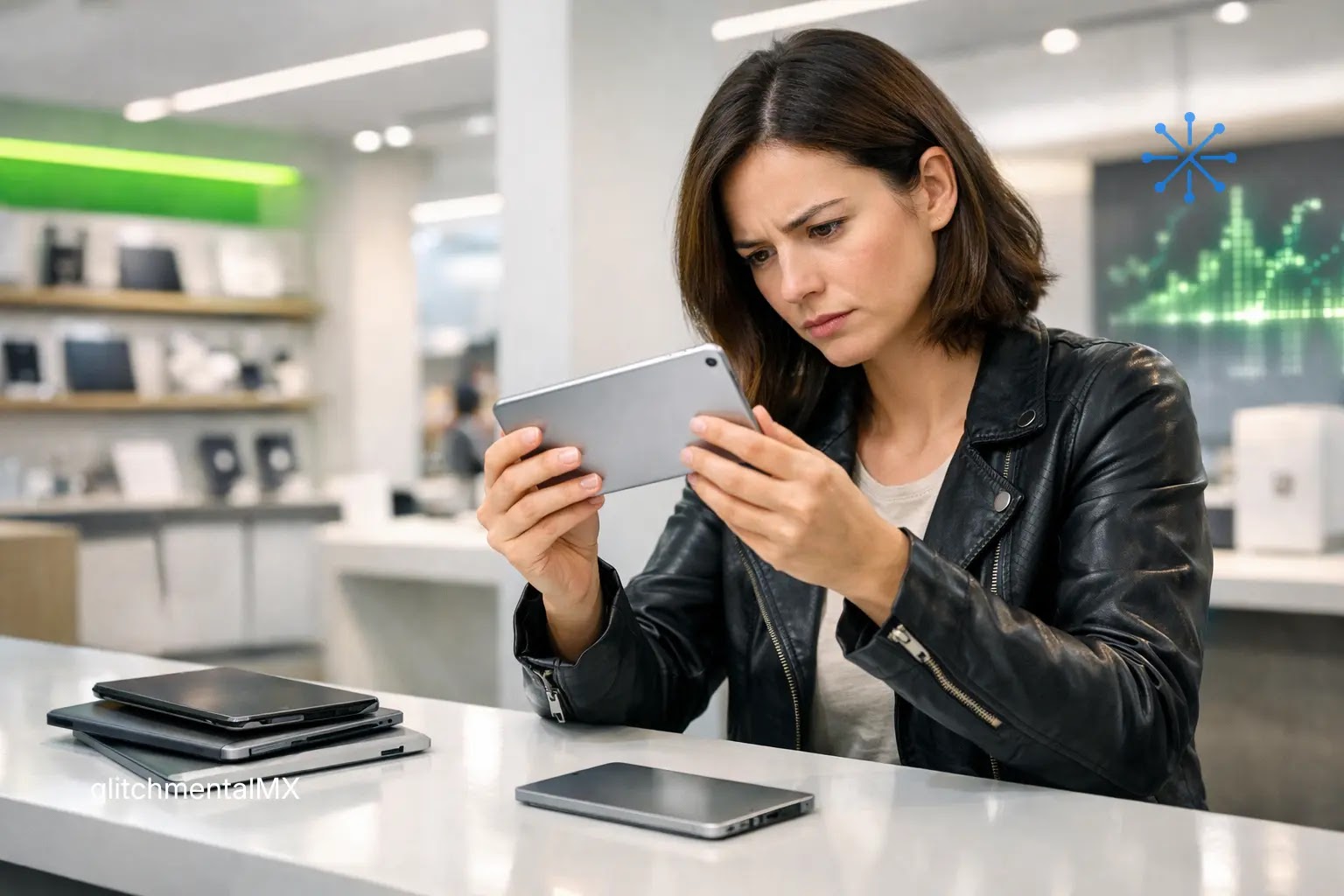 Tim Cook sale de Apple: mujer evalúa smartphone en tienda tecnológica con dispositivos y gráfico digital de fondo
