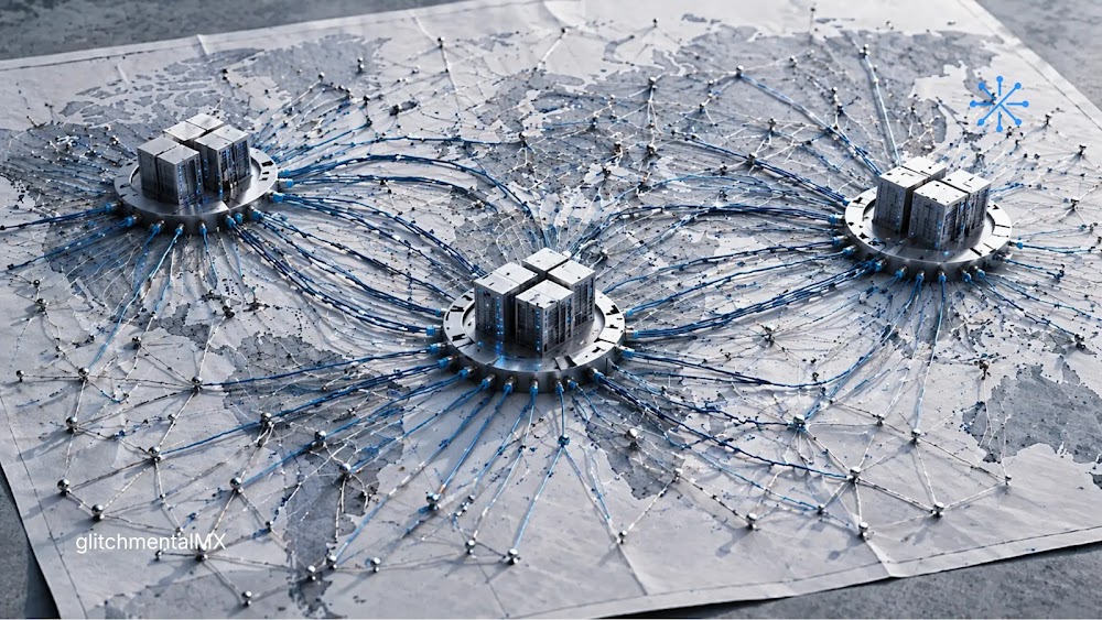 Tres empresas controlan la nube: mapa con tres nodos de servidores conectando infraestructura global