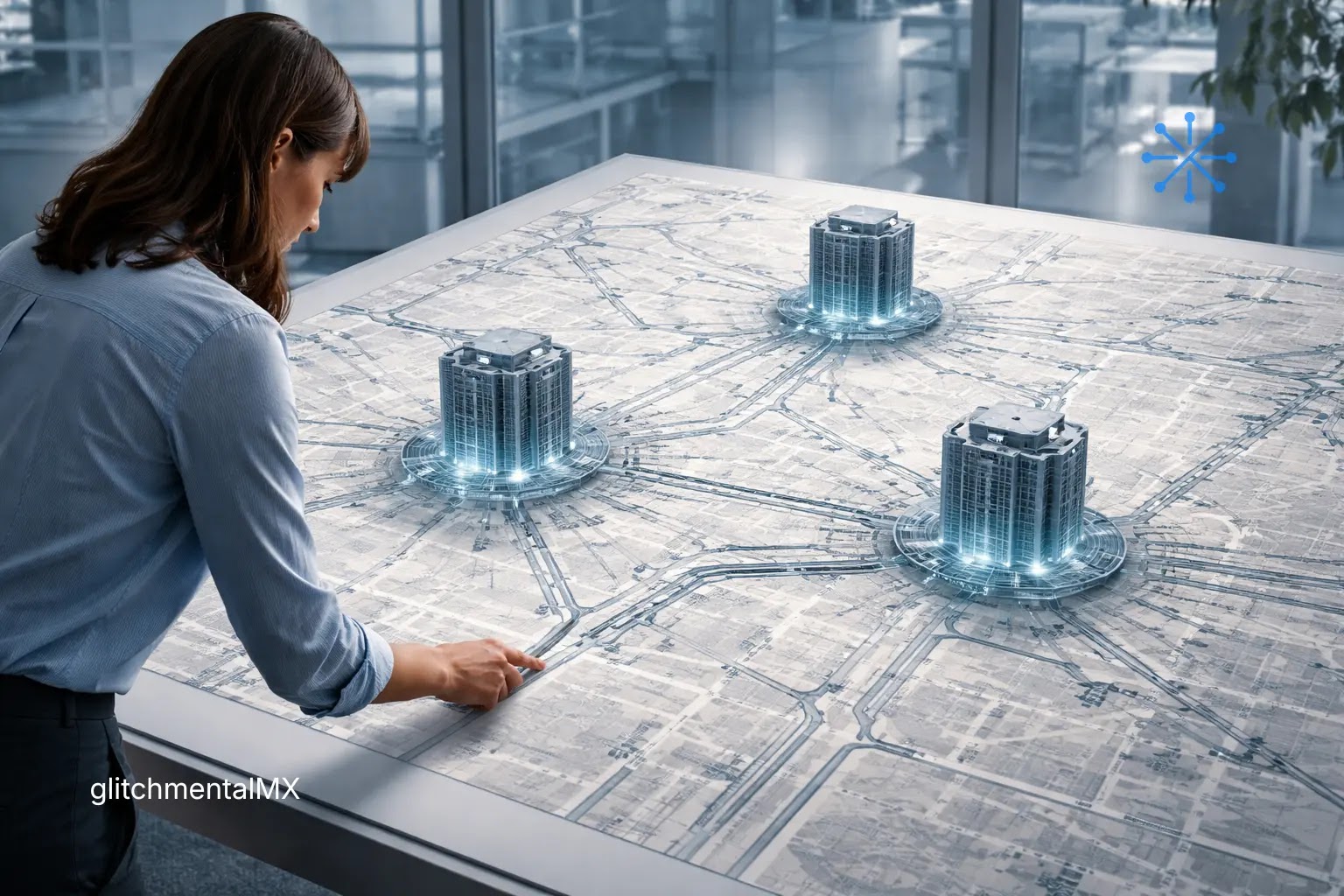 Tres empresas controlan la nube: tres centros de datos sobre mapa interconectado supervisado por operadora