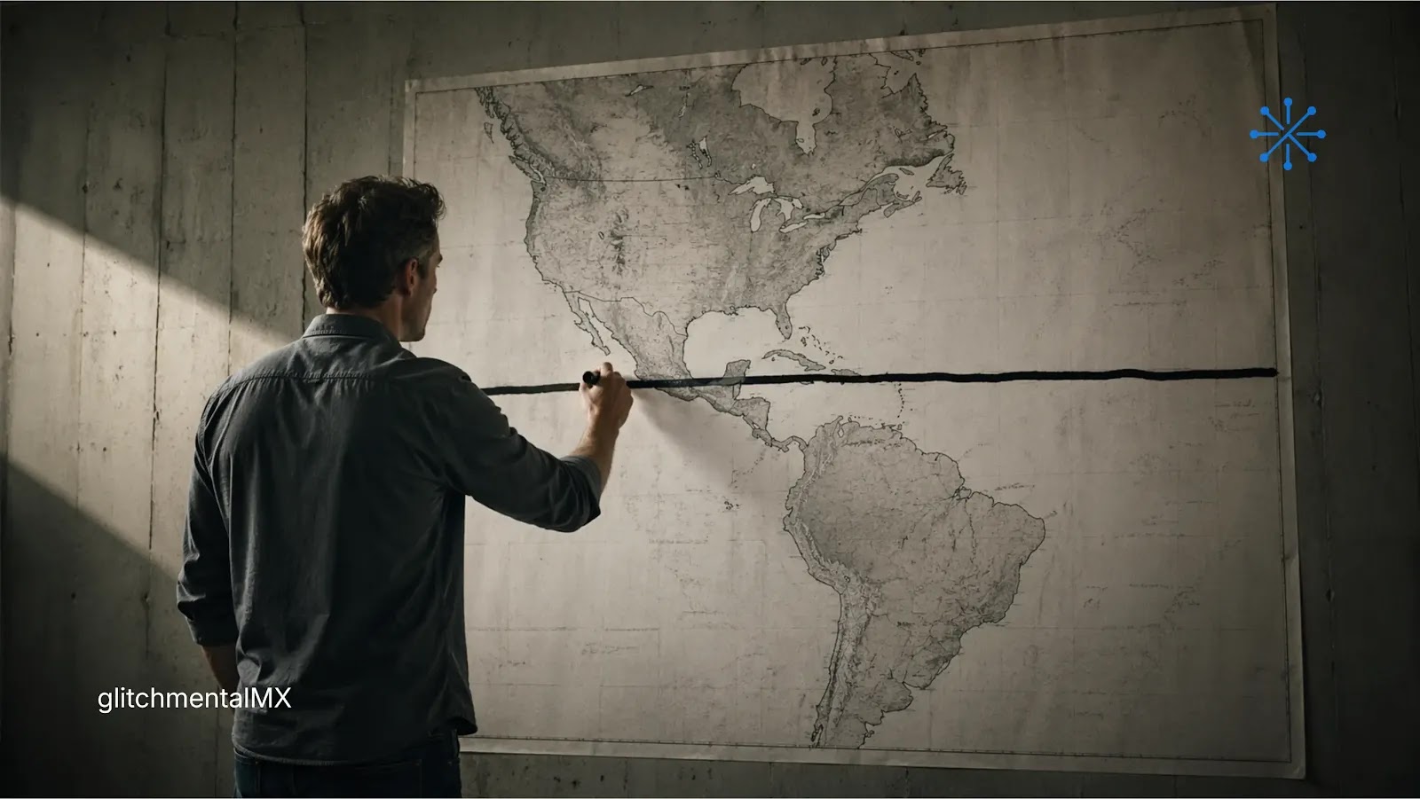 Trump quiere una ley de IA: hombre traza línea en mapa de América separando EE.UU. y LATAM