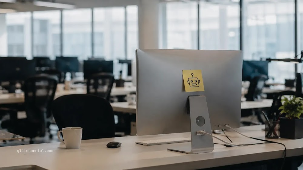 Agentes de IA para Mac y PC: monitor de oficina con nota de robot en escritorio automatizado