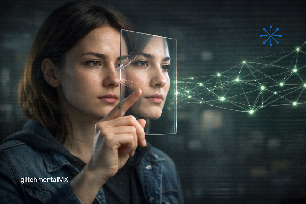 Tu privacidad como producto: mujer observa interfaz transparente con duplicación digital de su rostro