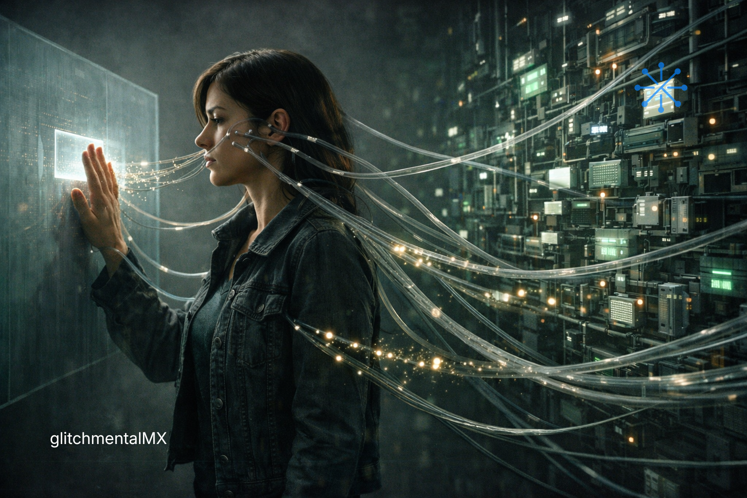 Tu privacidad como producto: mujer conectada por cables a red de datos interactuando con interfaz