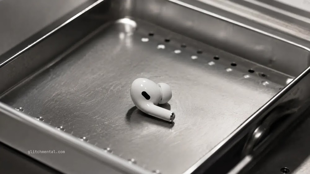 Tus audífonos saben más que tu médico: audífono inalámbrico sobre bandeja metálica de laboratorio