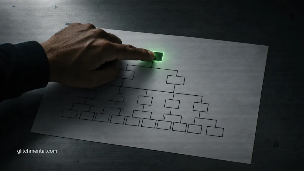 unbossing: dedo señalando la cima de un organigrama jerárquico sobre papel