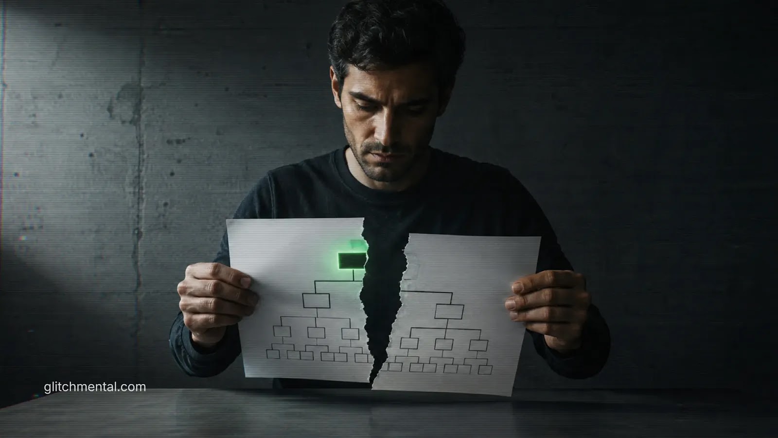unbossing: persona rompiendo un organigrama jerárquico impreso sobre una mesa