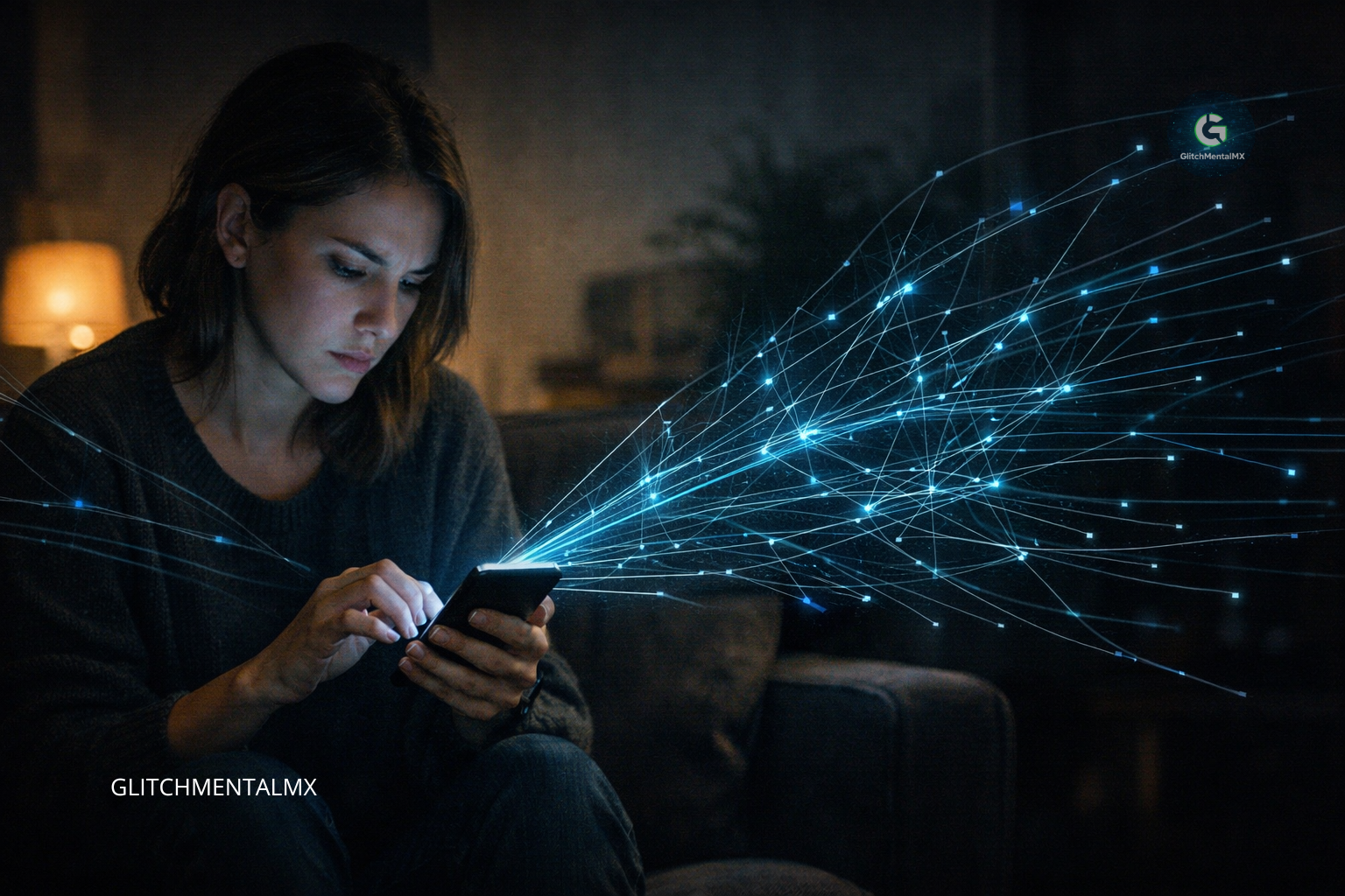 Cultura digital: mujer en penumbra con smartphone emitiendo red de datos luminosos