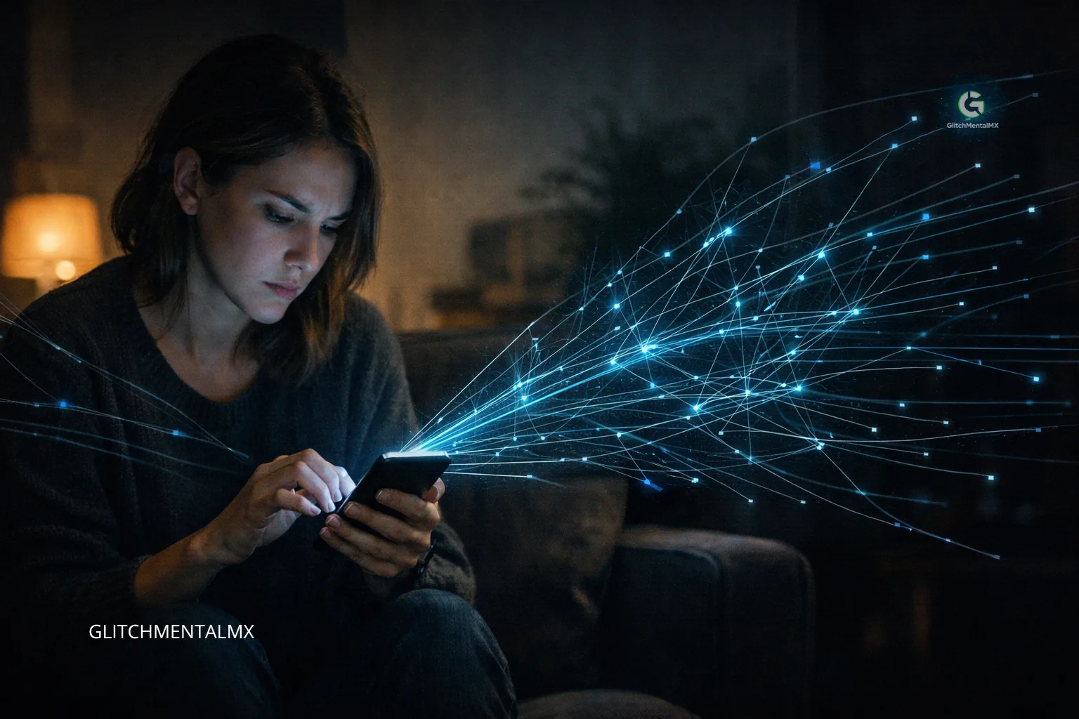 Cultura digital: mujer en penumbra con smartphone emitiendo red de datos luminosos