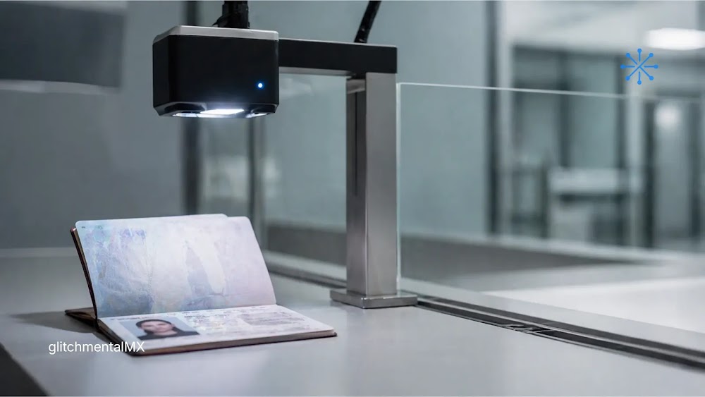 verificación de identidad IA: escáner digital ilumina pasaporte abierto en mostrador