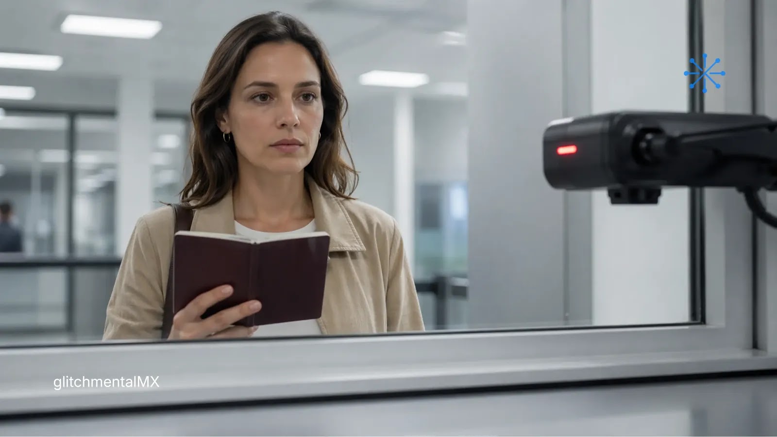 verificación de identidad IA: mujer presenta pasaporte ante cámara de control en ventanilla