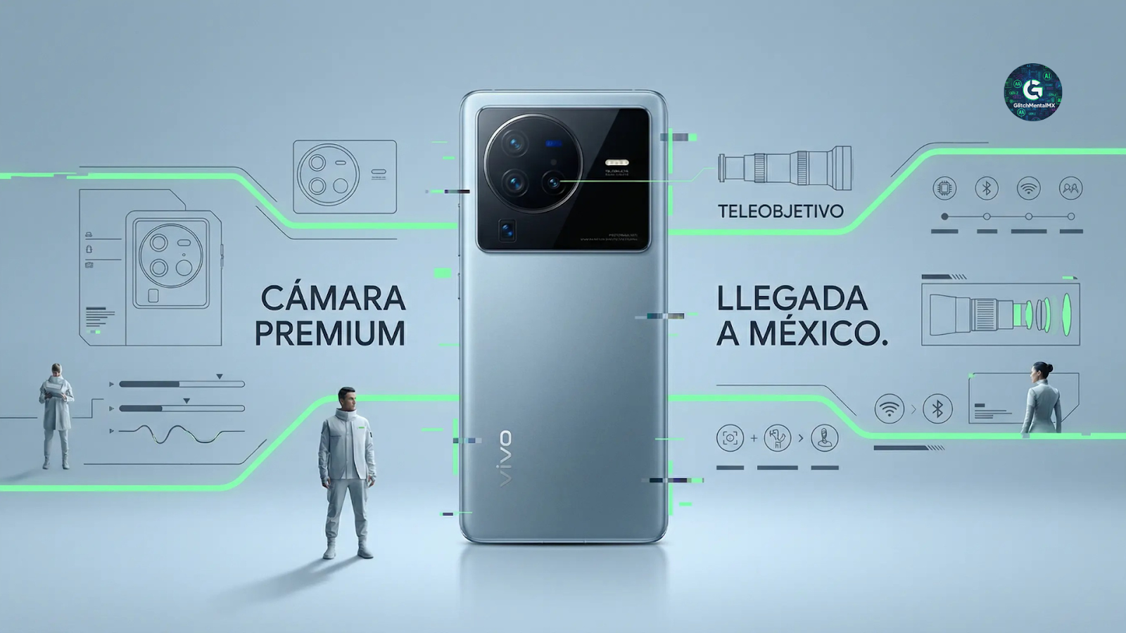 Vivo X300 Pro México: lente de cámara de teleobjetivo premium en primer plano sobre fondo oscuro y elegante.