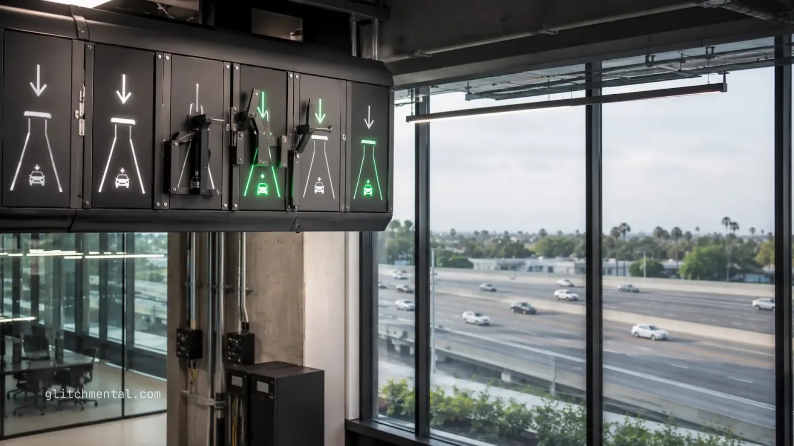 Waymo triplicó viajes en 2025: panel de control con carriles autónomos frente a autopista de California