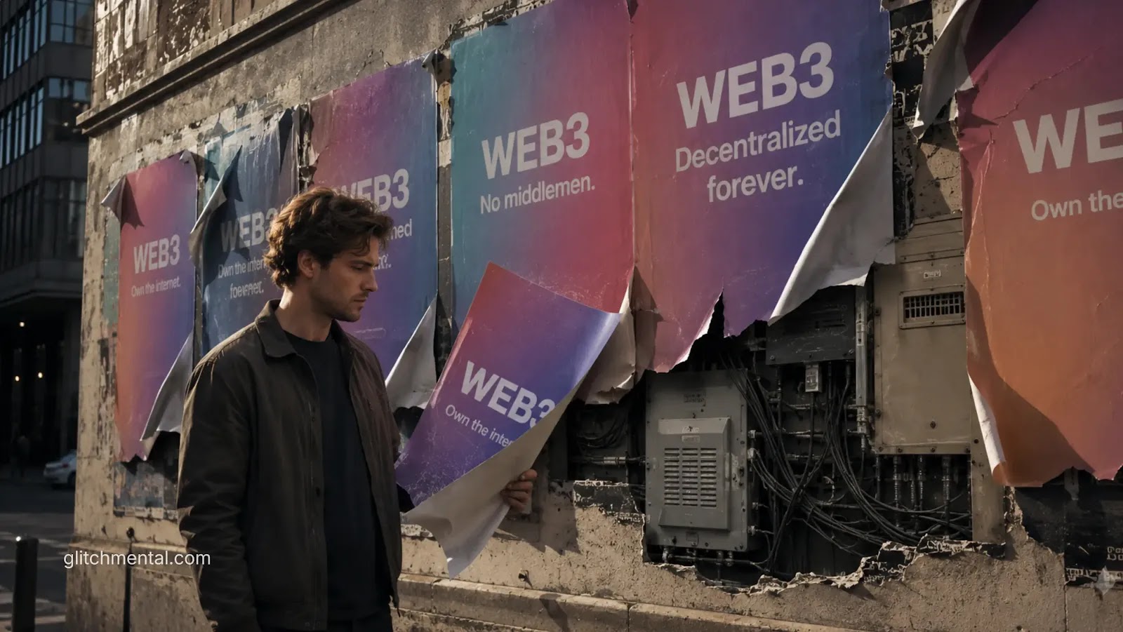 Web3 descentralización: carteles promocionales rasgados revelando infraestructura centralizada