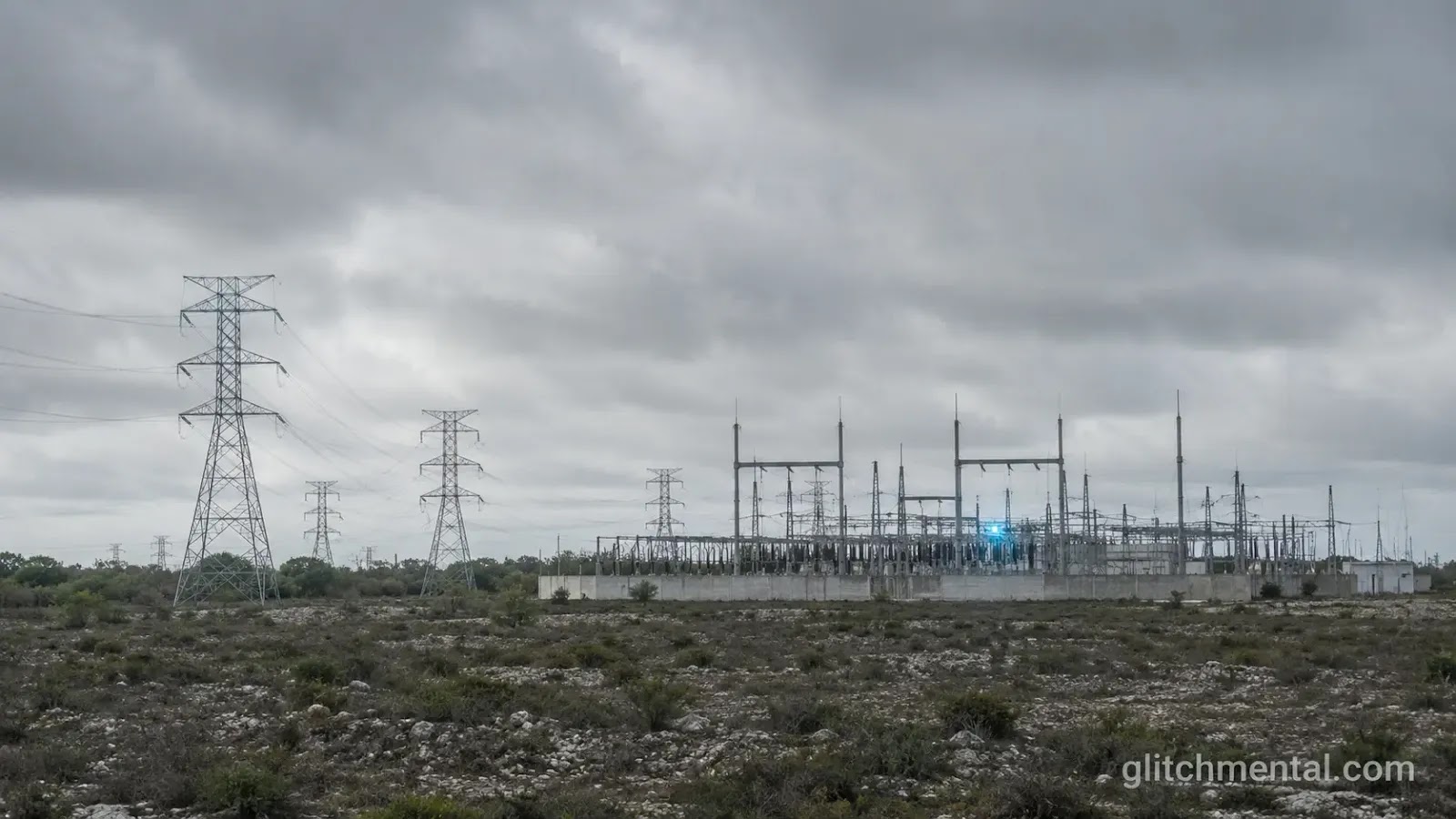 Subestación eléctrica y torres de transmisión en el paisaje calizo de Yucatán, donde el límite de infraestructura es eléctrico y no hídrico.