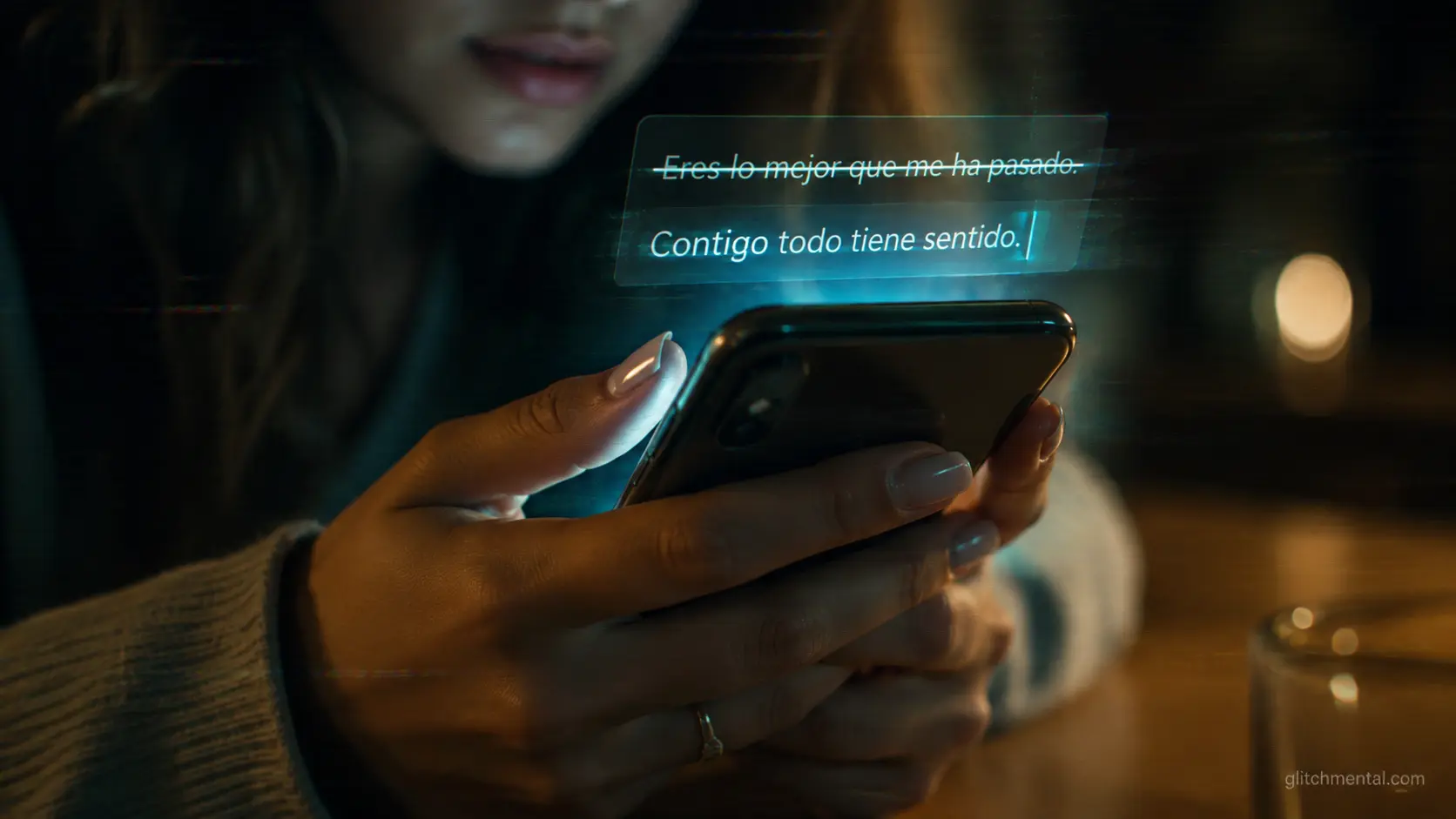 Fraude romántico: manos sosteniendo teléfono con mensaje reescrito en pantalla fría