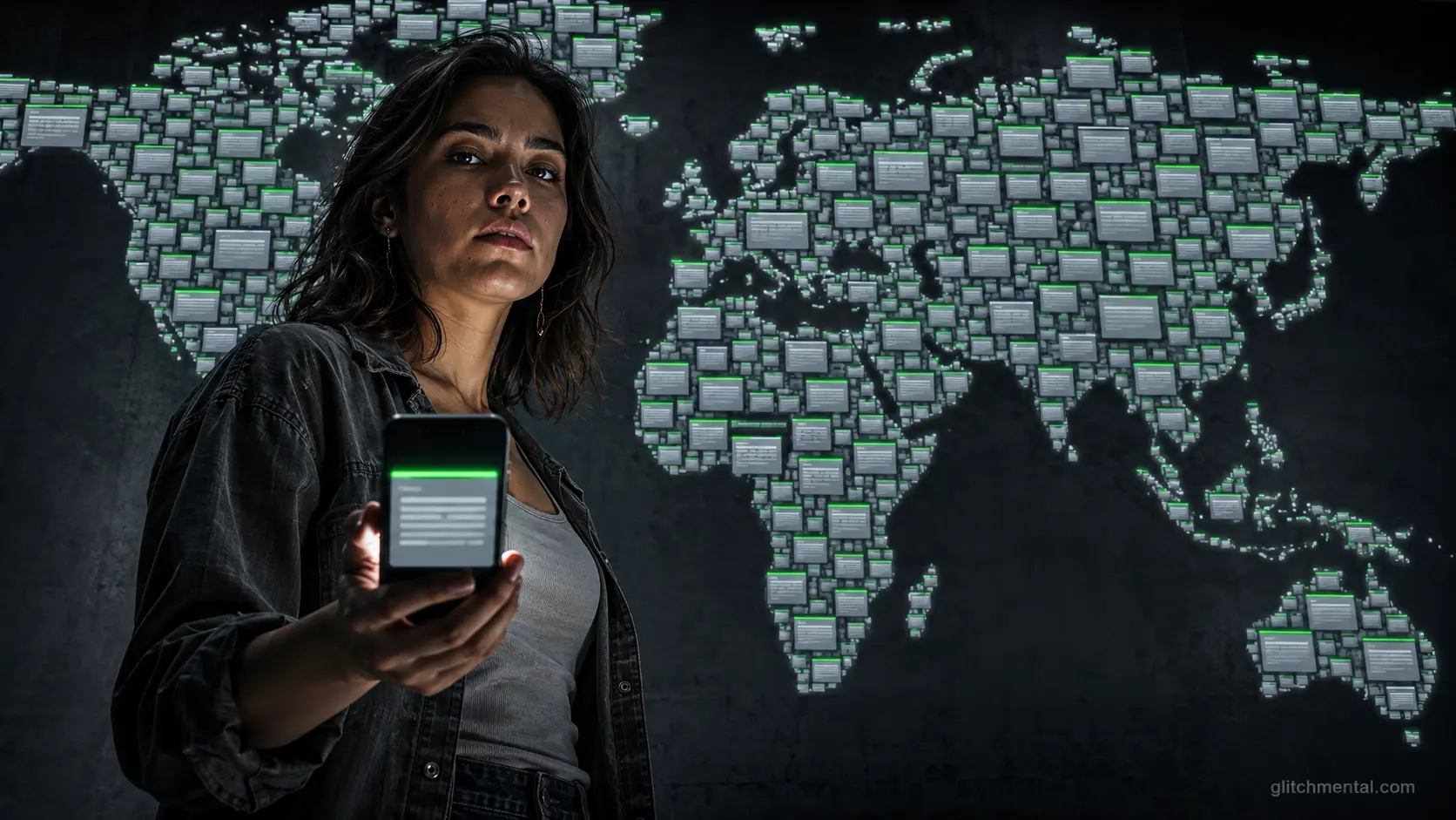 AI Overviews: mujer con bloque de respuesta generada en el teléfono frente a un mapamundi cubierto por el mismo bloque