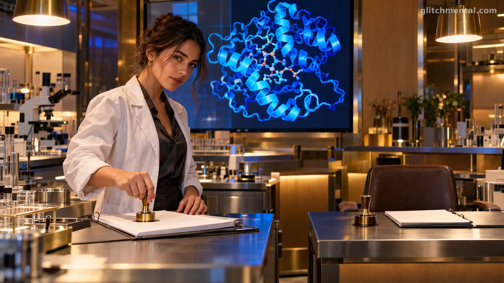 Anthropic autocalificación ciencia: mujer científica pone sello de aprobación junto a estación de revisión vacía en laboratorio
