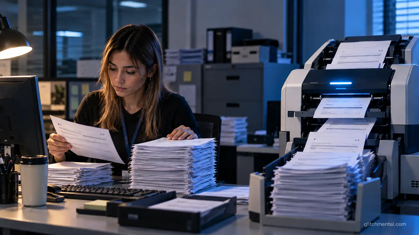 automatización laboral: trabajadora procesa documentos mientras un sistema automatizado realiza la misma tarea
