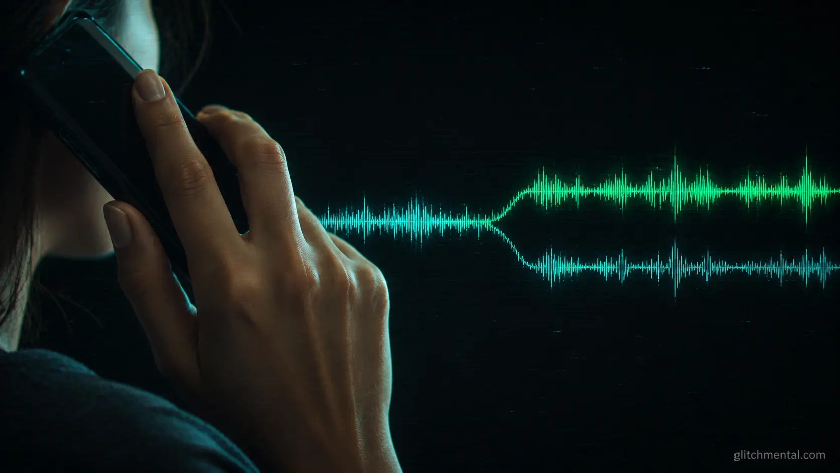 Biometría de voz: mano con celular junto a onda de audio bifurcada, verificación bancaria clonada en primer plano