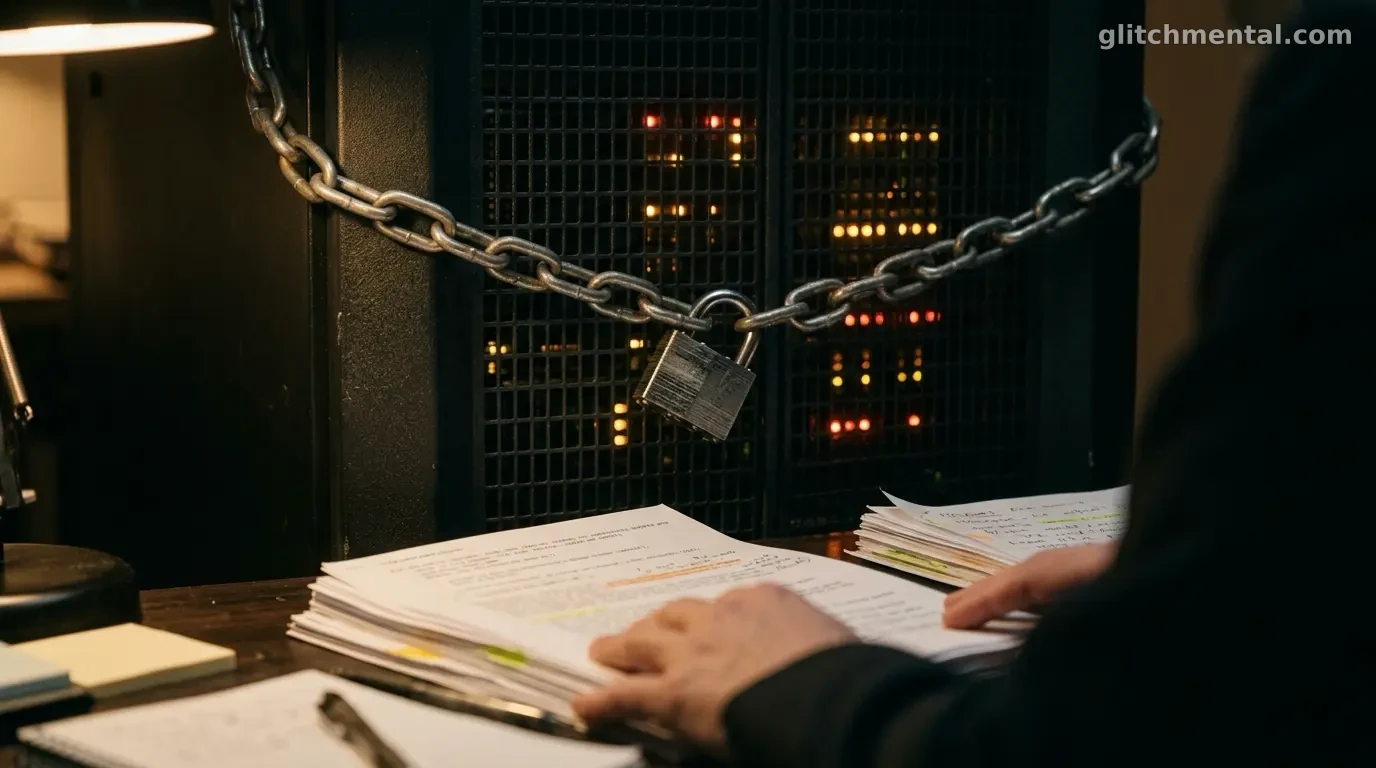 Plano cerrado de documentos de auditoría de IA sobre un escritorio, con el candado y las cadenas del servidor en segundo plano desenfocado
